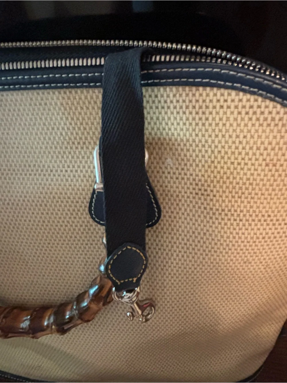 Dooney & Bourke Beige Woven Satchel with Brown Bamboo Handles and Navy Trim